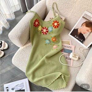 Green Floral Crochet Knit Scallop Trimmed Waffle Cami Dress